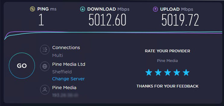 5Gb speed test at Pine Media HQ