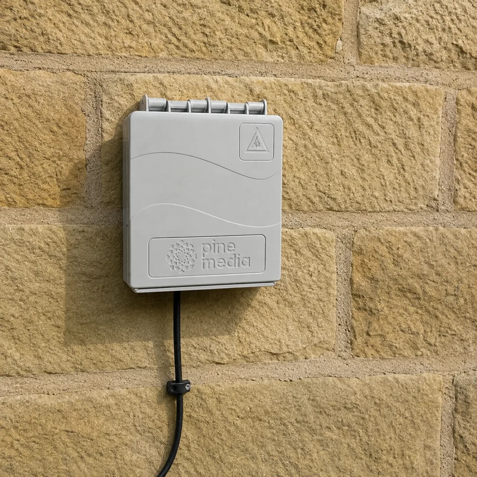Close-up of the small grey Pine Media fibre connection box on an outside stone wall