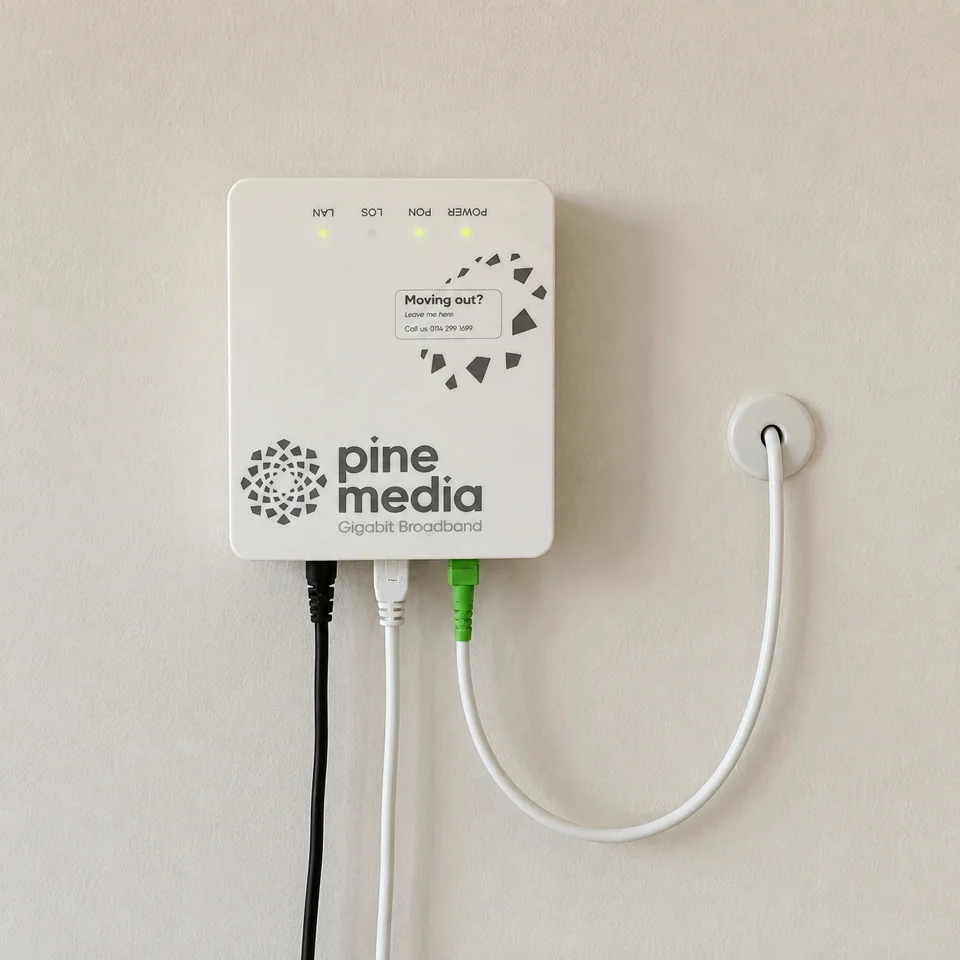 Close-up of the white indoor ONT, with a gentle fibre cable loop to a small round wall grommet
