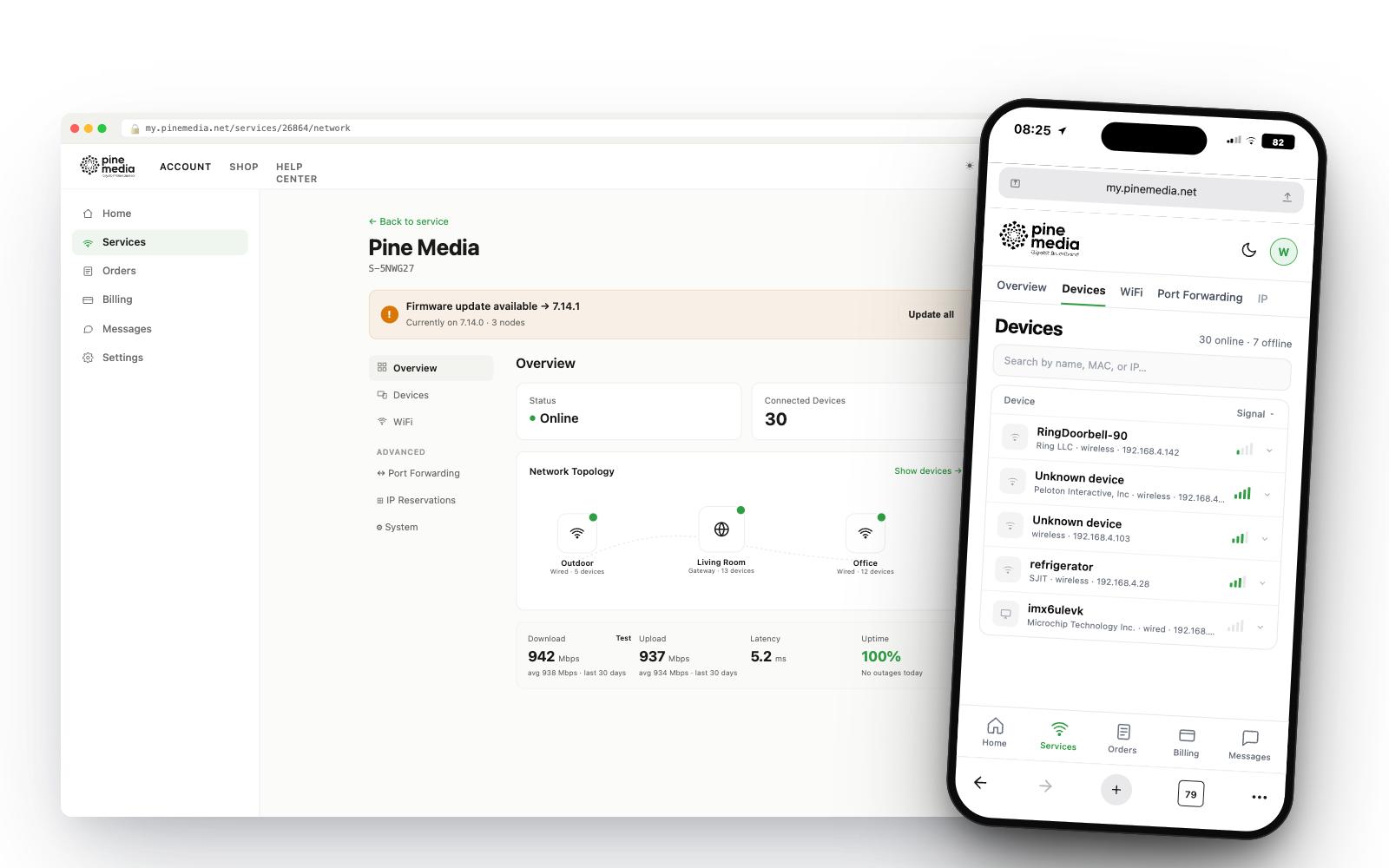 My Pine Media portal showing all your properties, devices, Wi-Fi settings and usage from one dashboard.